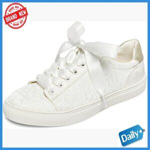 Ivory Lace Wedding Sneakers Flats Rhinestone Bridal Shoes Comfortable